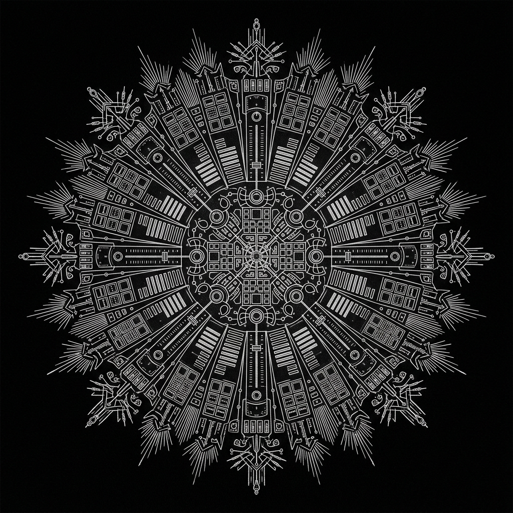 Generated line drawing of a radial mandala built from drum pads, faders and equalizer bars