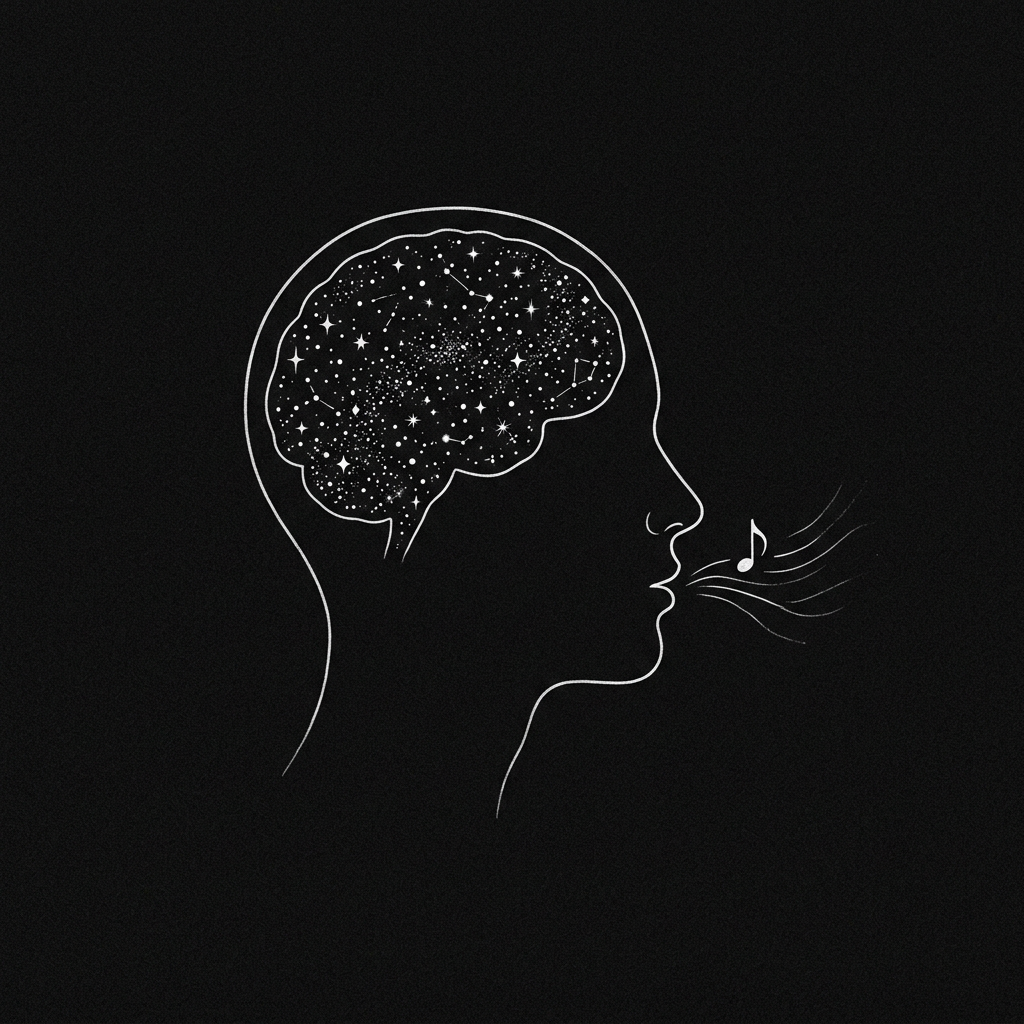 Generated line drawing of a head in profile with stars inside it, a musical note leaving the mouth
