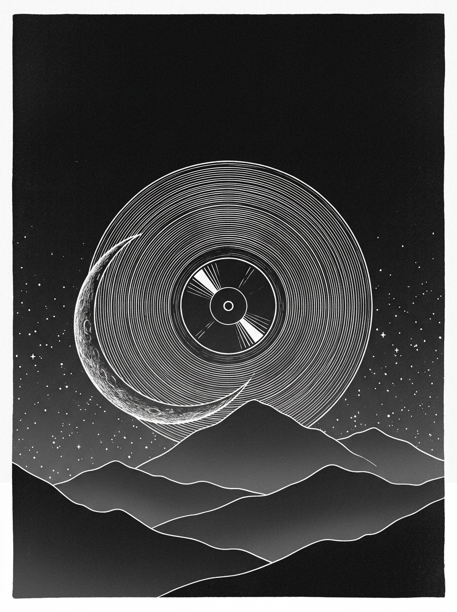 Generated line drawing of a vinyl record rising like a moon over mountains at night