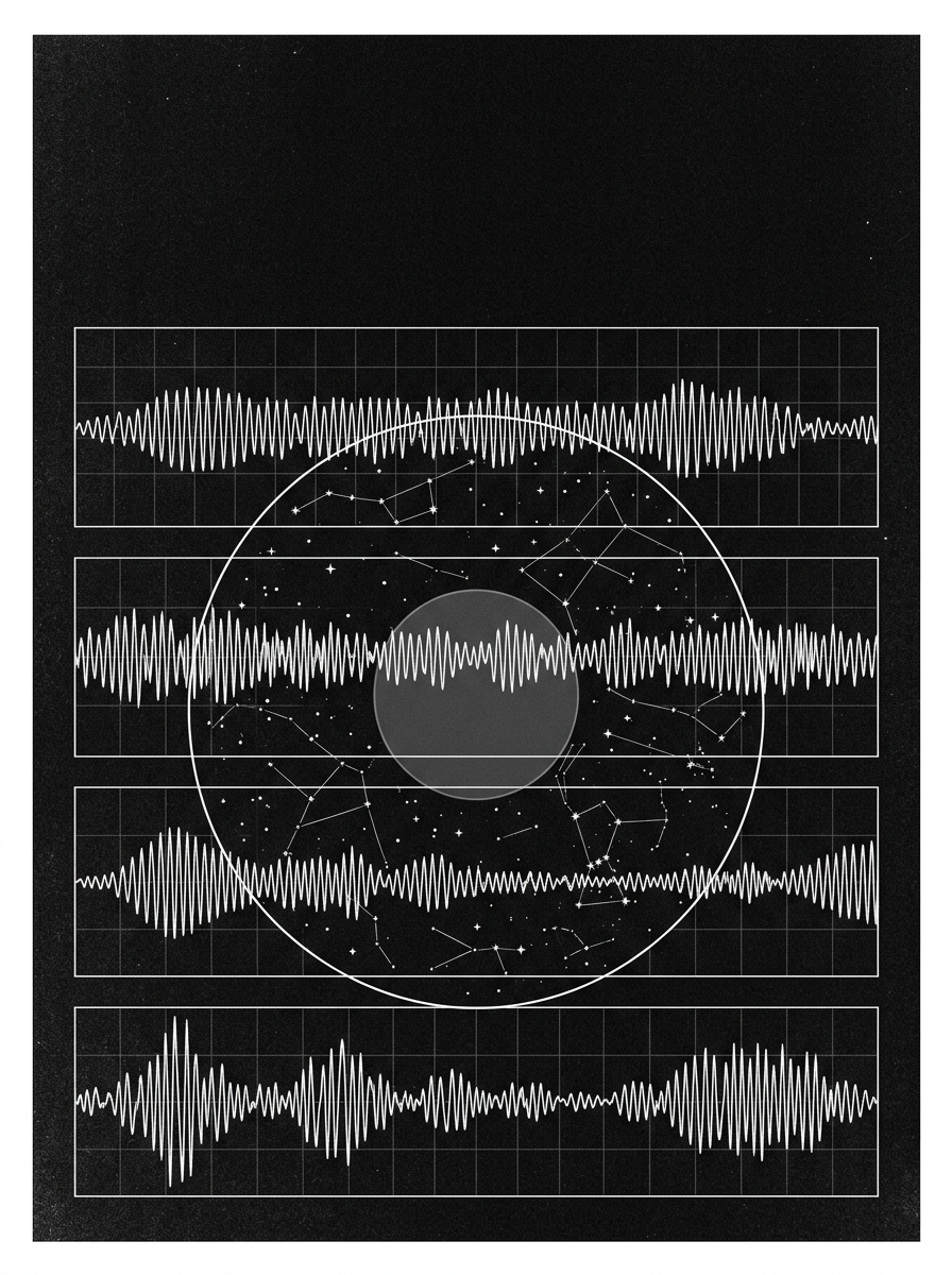 Generated line drawing of four waveform strips crossing a star chart circle