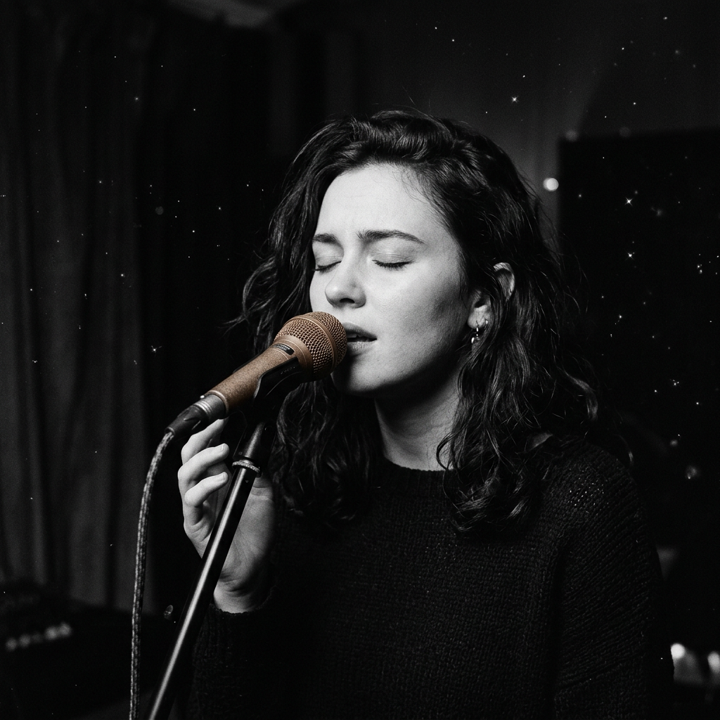 Generated black and white portrait of a singer with closed eyes at a vintage microphone